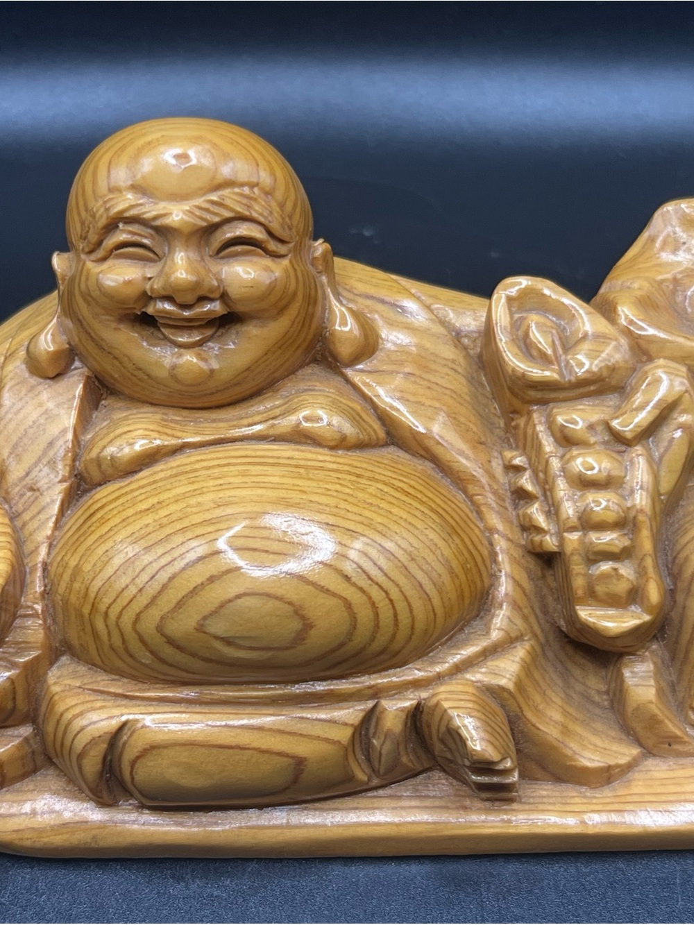 Artisan Carved Wood Glossy Finish Laughing Buddha Sculpture